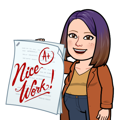 Bitmoji of Ms. Wood holding papers with "A+ Nice Work!" on them