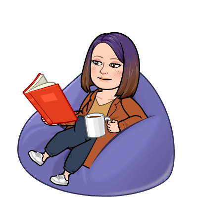 Bitmoji of Ms. Wood in a beanbag chair, reading a book and drinking coffee