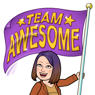 bitmoji of Ms. Wood waving a "team awesome" flag