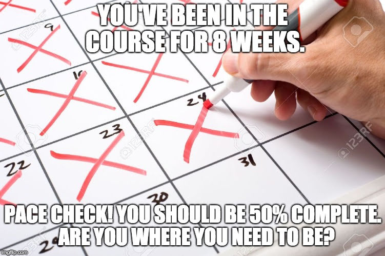 image of calendar with someone crossing out days.  text reads, "You've been in the course for 8 weeks.  Pace Check! you should be 50% complete. Are you where you need to be?"