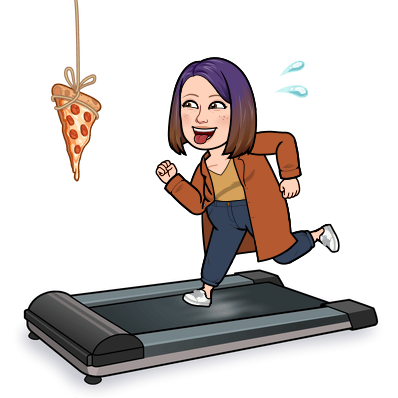 Bitmoji picture of Ms. Wood running on a treadmill, motivated by a piece of pizza